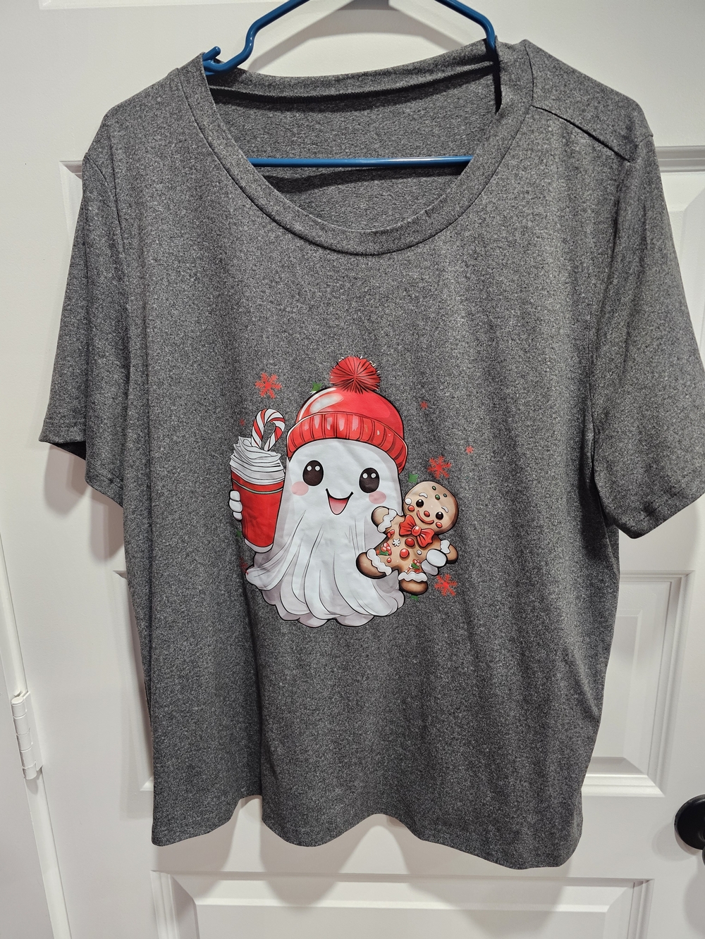 SHEIN Gray Short Sleeve Tee with Festive Ghost and Gingerbread Graphic